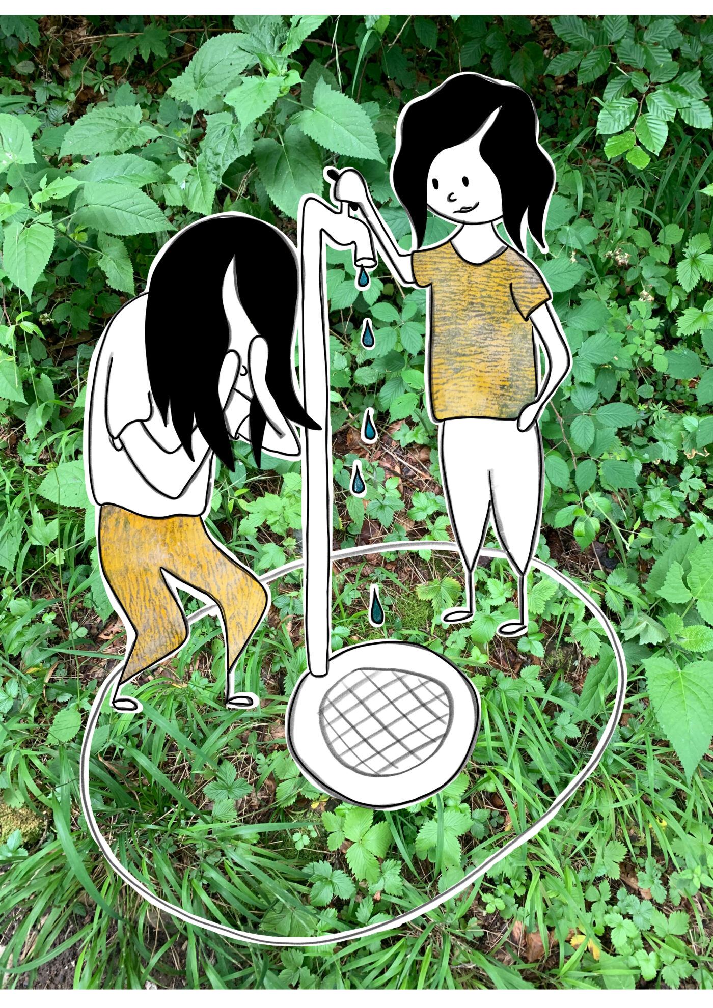 Illustration. Kinder am Camping Wasserhahn.