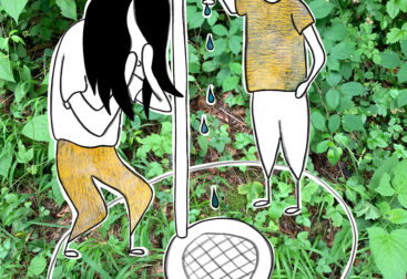 Illustration. Kinder am Camping Wasserhahn.