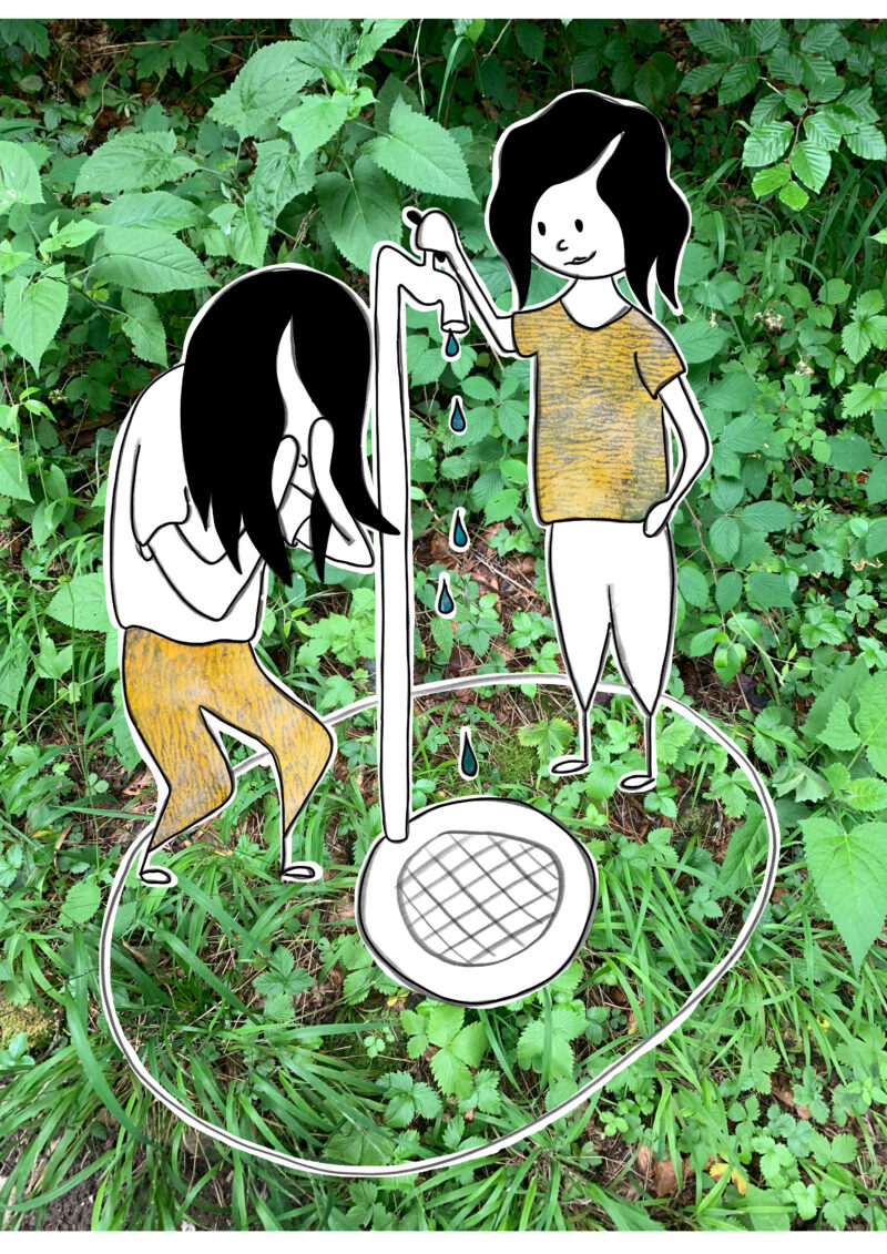 Illustration. Kinder am Camping Wasserhahn.