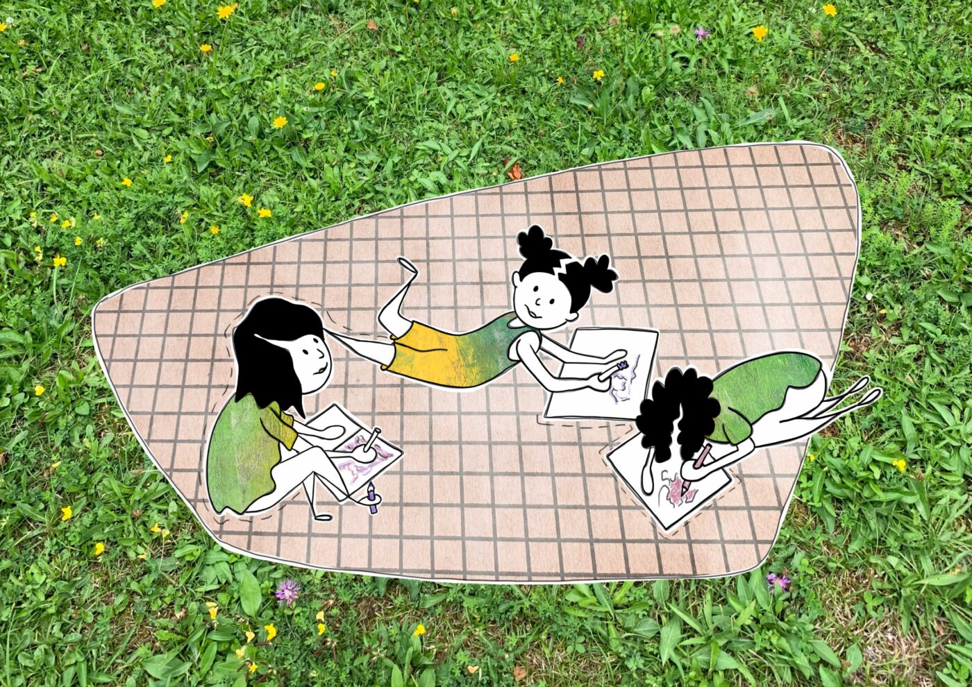 Illustration. Kinder malen auf Wiese.