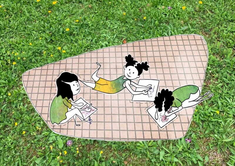 Illustration. Kinder malen auf Wiese.