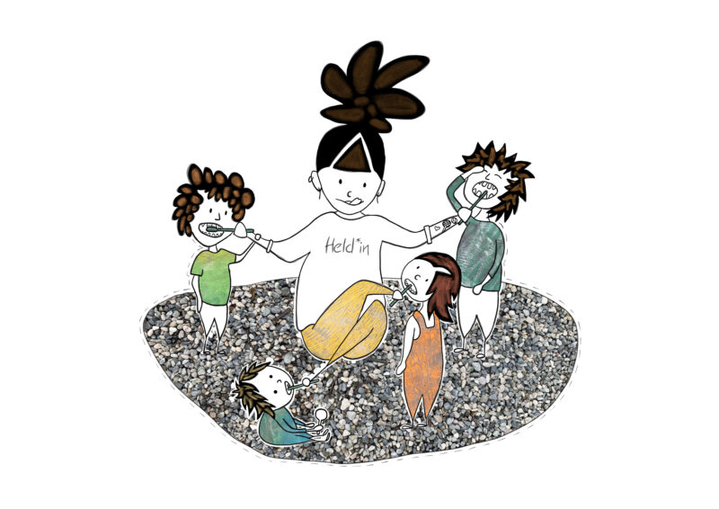 Illustration. Mama putzt mehreren Kindern die Zähne.