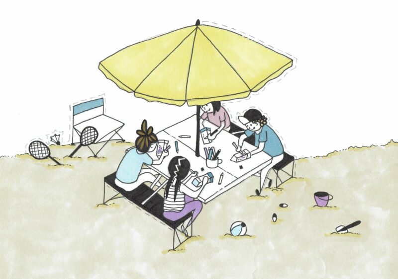 Illustration. Kinder sitzen am Strand und bemalen etwas.