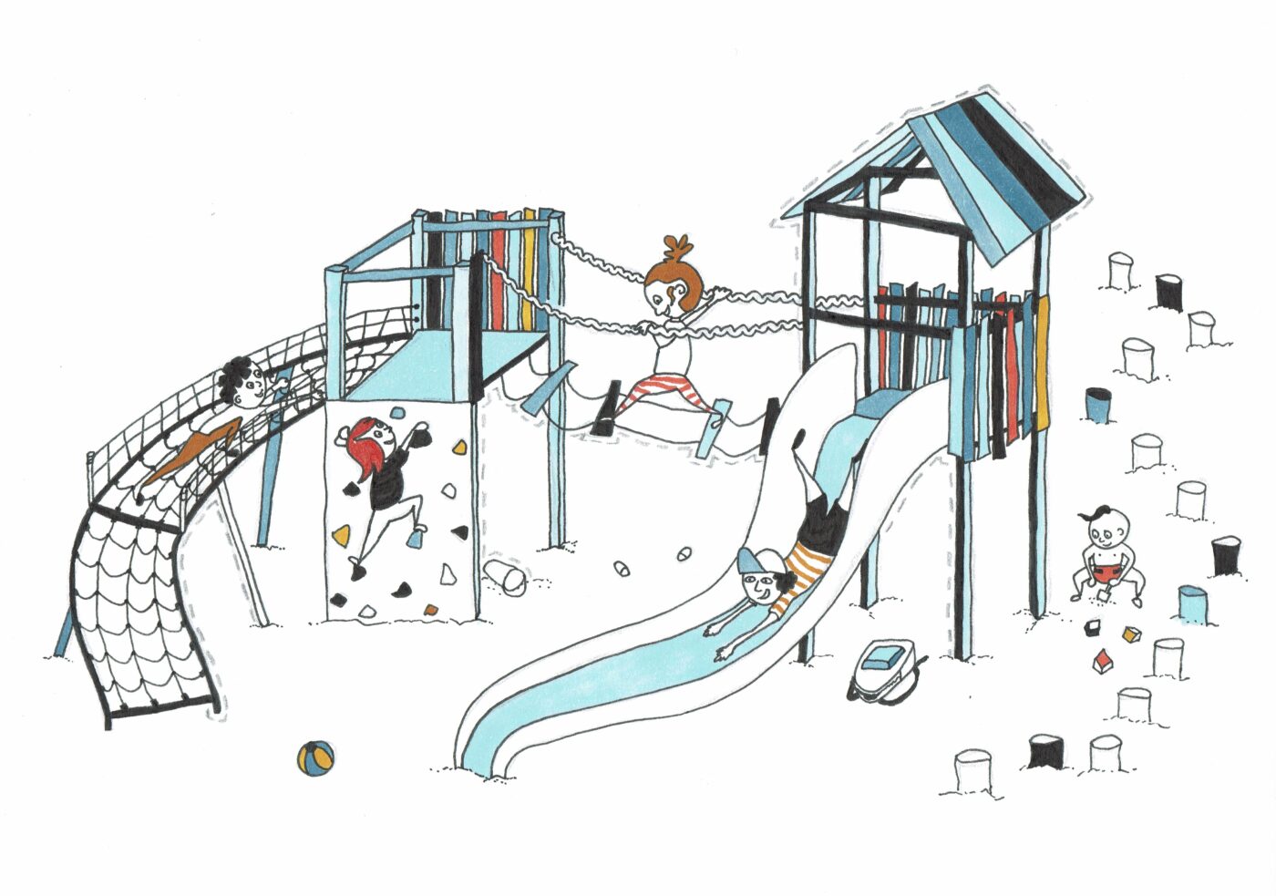 Illustration. Kinder auf einem Spielplatz.