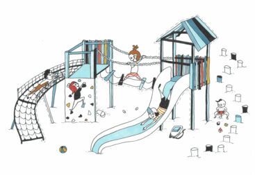 Illustration. Kinder auf einem Spielplatz.