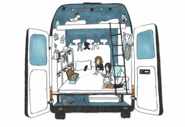 Illustration. Kinder in einem Campingbus.
