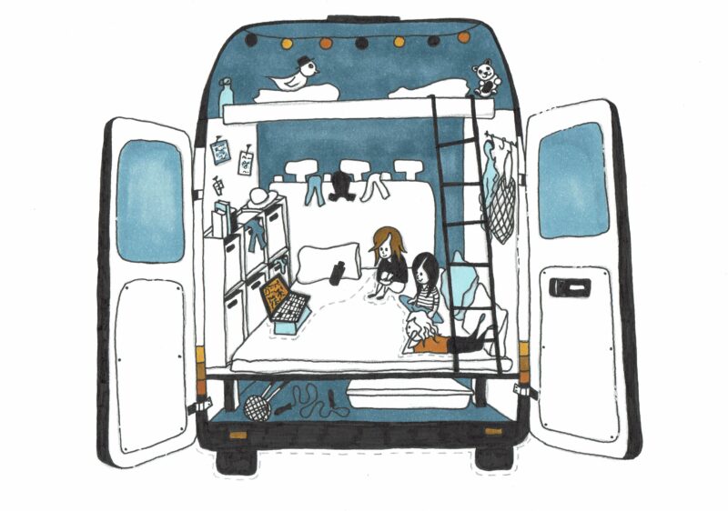 Illustration. Kinder in einem Campingbus.