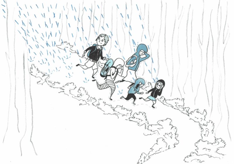 Illustration. Wanderung im Wald bei Regen.